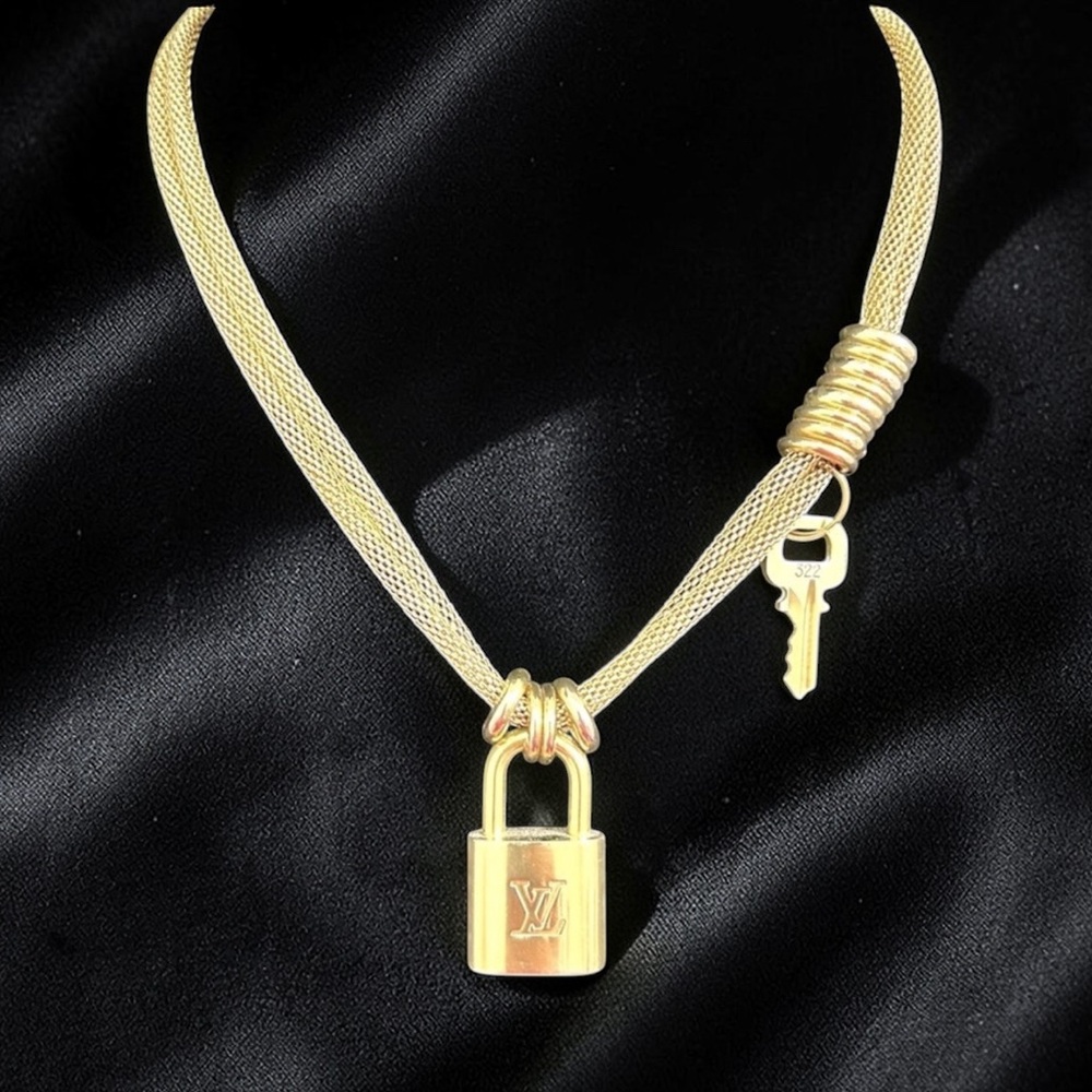 LOUIS VUITTON Padlock & Key w/Vintage Unbranded 24K Gold Filled Double Necklace